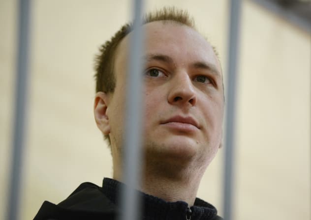 Former US Marine Robert Gilman, who serves a prison sentence for assaulting a Russian police officer in 2022, attends a court hearing in Voronezh, Russia April 6, 2026.