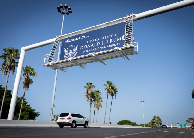 A welcoming sign at Palm Beach International Airport, as it is renamed as "President Donald J. Trump International Airport," in West Palm Beach, Florida, U.S., July 9, 2026.