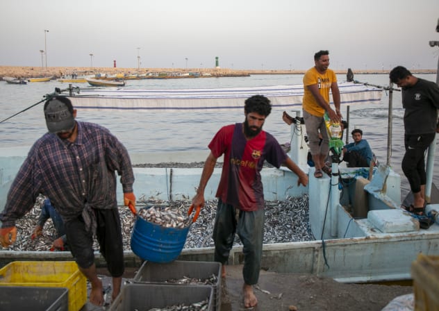  Fishermen unload their catch on May 16, 2026 along the Strait of Hormuz on Qeshm Island, Iran.