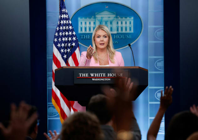 Reporters raise hands as White House Press Secretary Karoline Leavitt holds a press briefing in the James S. Brady Press Briefing Room at the White House in Washington, DC, US, July 16, 2026. 