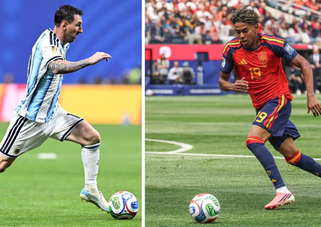 Argentina's star Lionel Messi, left, in Atlanta on Jul. 7, 2026, and Spain's star Lamine Yamal in Inglewood on Jul. 2, 2026. Spain and Argentina will meet in the 2026 World Cup football tournament final match at the New York/New Jersey Stadium in East Rutherford on July 19, 2026.