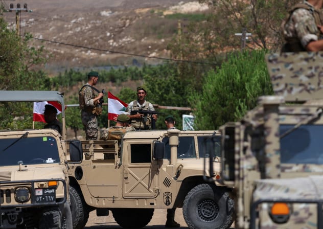 Lebanese army troops deploy at the entrance of the town of Zawtar al-Gharbiyeh, after Israeli forces withdrew from the area, Lebanon, July 21, 2026