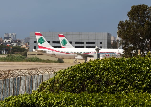 Middle East Airlines aircraft sit on the tarmac at Beirut's Rafik Hariri airport on April 10, 2026.