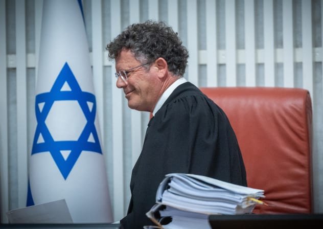 Supreme Court President Isaac Amit and ten Supreme Court justices arrive for a hearing on petitions against the change to the composition of the Judicial Selection Committee, at the Supreme Court in Jerusalem, June 21, 2026. 