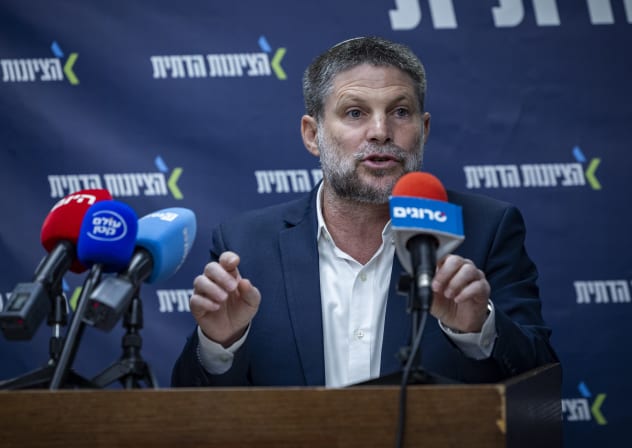 Minister of Finance and Head of the Religious Zionist Party Bezalel Smotrich leads a faction meeting at the Knesset, the Israeli parliament in Jerusalem, July 6, 2026.
