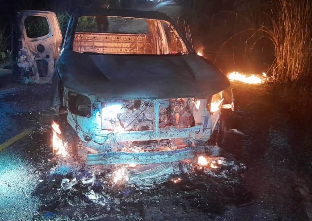 The pickup truck used in a shooting and pipe bomb attack that killed five security personnel and wounded six civilians in southern Thailand on July 23, 2026.