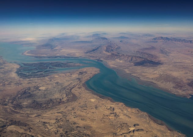 An aerial view of the island of Qeshm, separated from the Iranian mainland by the Clarence Strait, December 10, 2023.