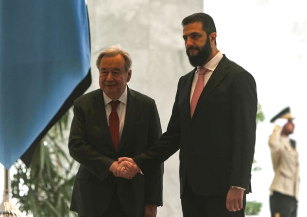 Syria's President Ahmed al-Sharaa receives UN Secretary-General Antonio Guterres at the People's Palace in Damascus, July 25, 2026