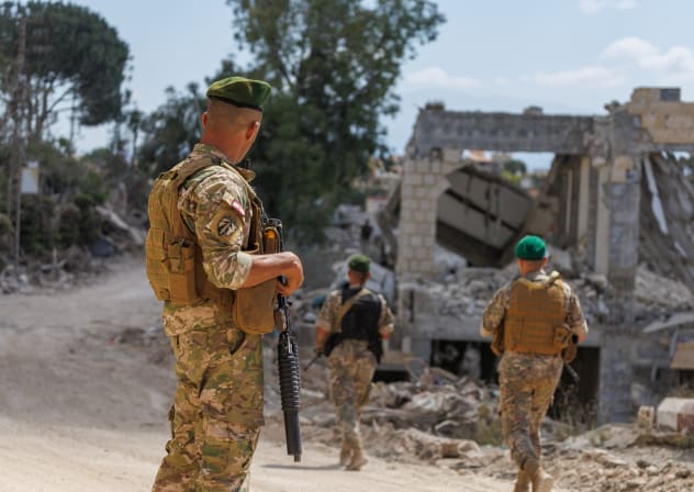 Lebanese army officers hold position in Zawtar al-Gharbiyeh, a village in southern Lebanon, as Lebanese soldiers deploy in one of three pilot zones following the withdrawal of Israeli forces under a US-brokered plan, July 26, 2026. 