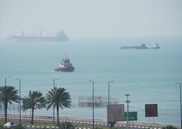 Boats navigate the sea on April 28, 2026 on Qeshm Island, Iran in the Strait of Hormuz. 