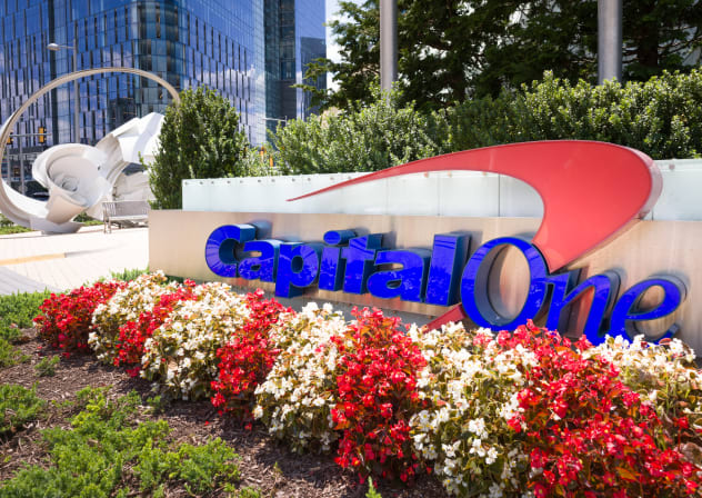 The Capital One Financial Corporation logo sits outside of the company headquarters on July 30, 2026.