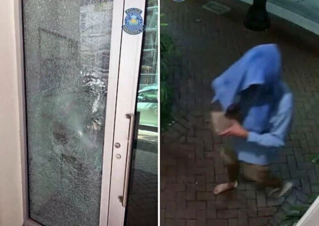 Brayton Laschinger holding the brick that he allegedly used to smash the window of the Chabad of Downtown SRQ in Sarasota on July 29, 2026.
