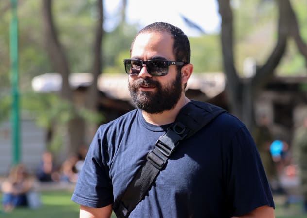 Yarden Bibas attends the funeral ceremony of slain hostage Tamir Adar at Kibbutz Nir Oz, in southern Israel, October 23, 2025