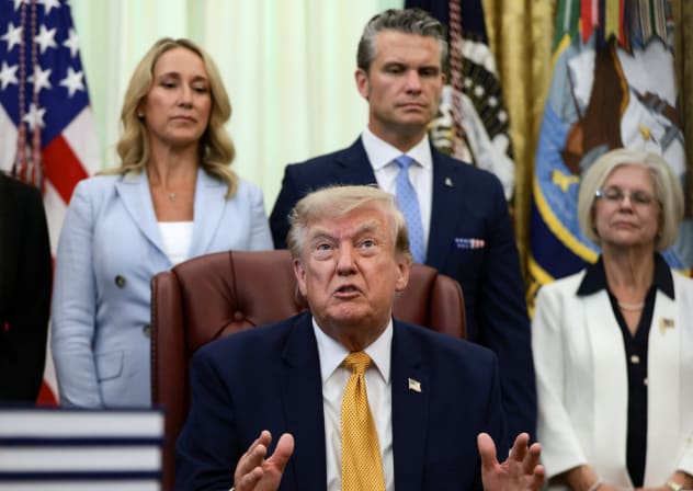  US President Donald Trump answers questions from the media after signing an executive order, in the Oval Office at the White House in Washington, DC, US, August 3, 2026