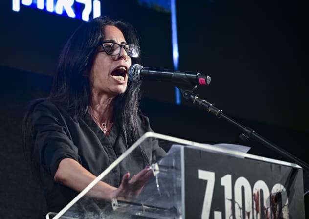 Einav Zangauker speaks during a rally in Tel Aviv marking the 1,000th day since the October 7 massacre, July 2, 2026. 