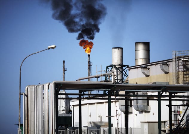 A general view shows a detail of the Zawiya Oil Refinery, some 40 kms west of Tripoli, on October 27, 2011. The complex built in two different stages in 1974 and 1976 receives crude oil from the desert oil fields and treats 120,000 tons of crude daily.