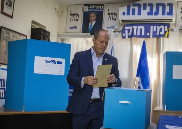 Nir Barkat, Minister of Economy and Industry casts his vote at a polling station during the Likud party’s internal elections in Jerusalem, July 27, 2026.