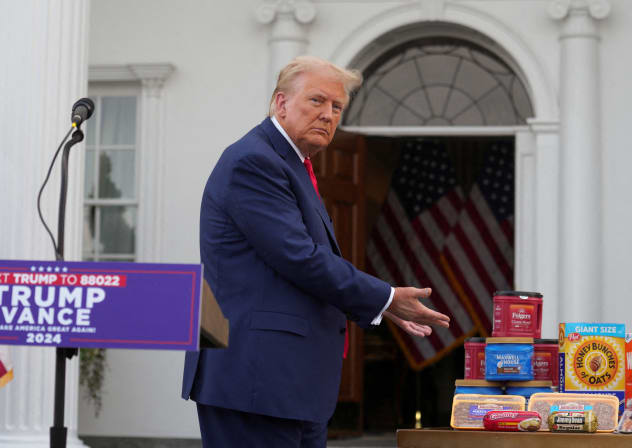 Republican presidential nominee and former US President Donald Trump gestures as he attends a press conference at Trump National Golf Club, in Bedminster, New Jersey, US, August 15, 2024.