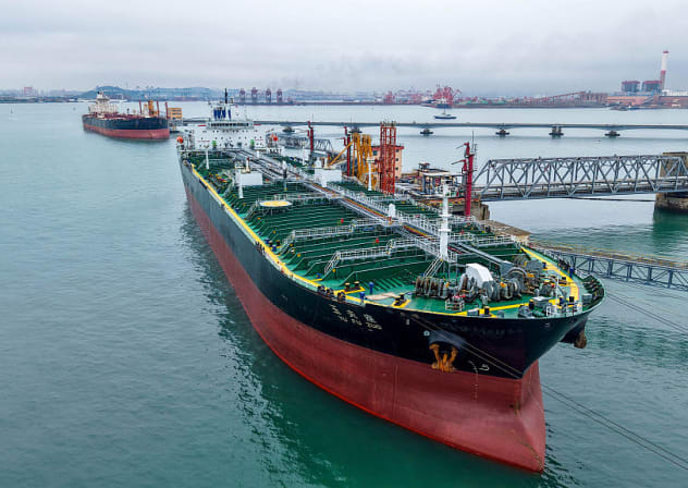An Oil tanker named Yu fu Zuo unload imported crude oil at the crude oil terminal of in Qingdao port, in China's eastern Shandong province on July 16, 2026.
