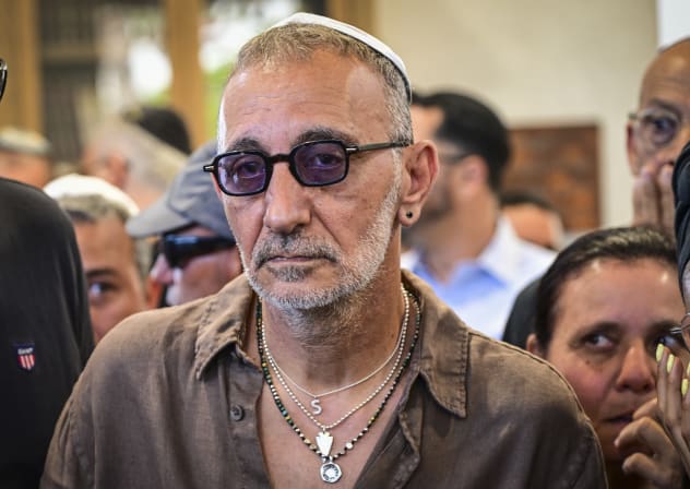 Israeli singer Shimon Buskila attends the funeral of Israeli singer Yishai Levi at the cemetery in Rosh HaAyin, central Israel, June 7, 2026.