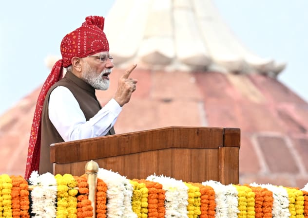 India's Prime Minister Narendra Modi addresses the nation from the ramparts of the Red Fort during the celebrations to mark country's Independence Day in New Delhi on August 15, 2026.