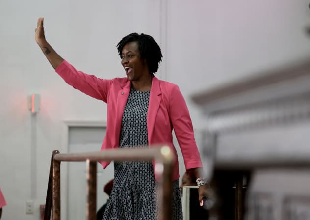 HALLANDALE, FLORIDA - AUGUST 17: Democratic U.S. Senate candidate, Florida state Rep. Angie Nixon waves as she is introduced to the congregation at the Ebenezer Missionary Baptist Church on August 17, 2026 in Hallandale Beach, Florida.