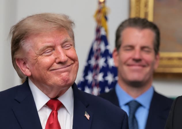 US President Donald Trump reacts during a press conference with cryptocurrency executives in the Roosevelt Room at the White House in Washington, DC, US, August 19, 2026. 