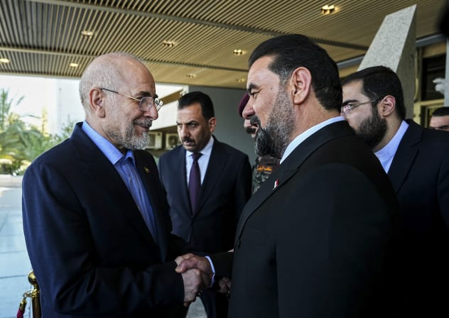 Iran's Parliament Speaker Mohammad Bagher Ghalibaf and his Iraqi counterpart Haibat al-Halbousi attend a meeting at the parliament building in Baghdad on August 19, 2026.