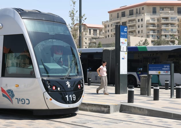 A light rail car stands at its stop. Jerusalem will open the R3 light rail line on Friday, August 21, 2026. 