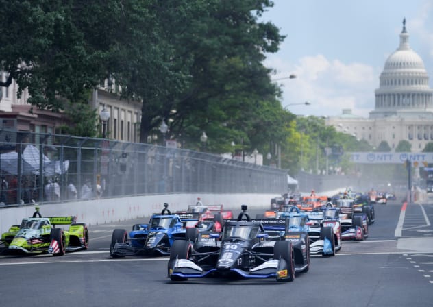 Drivers take part in the Freedom 250 Grand Prix IndyCar Series race in Washington, DC, US, August 23, 2026. 