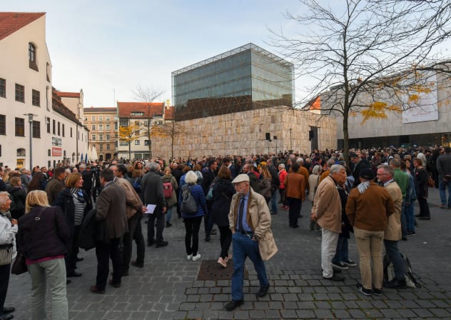 Some hundreds of people gather on the square in front of the synagogue in Munich, during a protest against anti-Semitism on October 11, 2019; illustrative