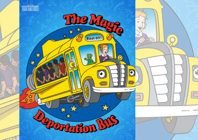 The White House posting a photoshopped image of the Magic School Bus, calling it the "Magic Deportation Bus," while praising ICE activity in the Washington area, published August 24, 2026.