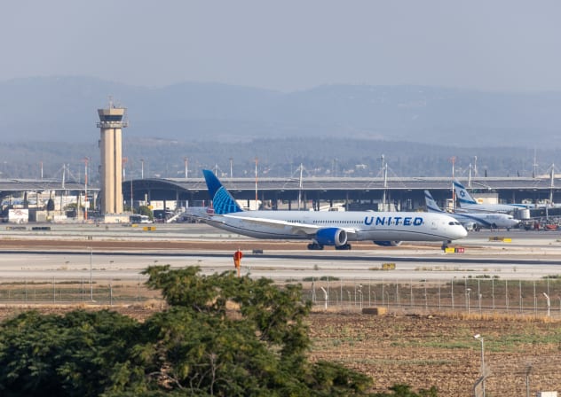 A United Airlines plane seen at Ben-Gurion Airport, August 14, 2025; illustrative.