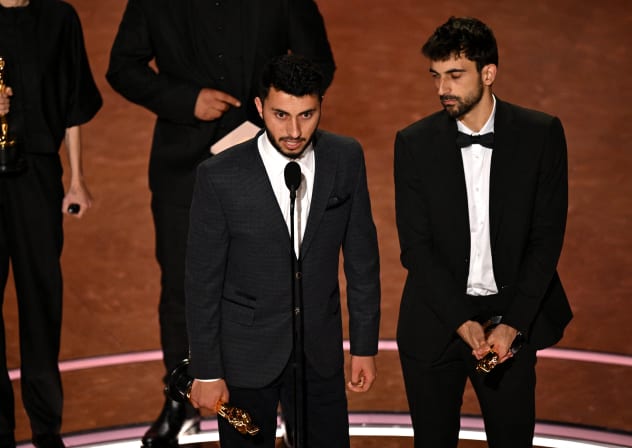 ISRAELI JOURNALIST and filmmaker Yuval Abraham (right) and Palestinian journalist and filmmaker Basel Adra accept the award for Best Documentary Feature for ‘No Other Land’ during the 97th Annual Academy Awards last year.