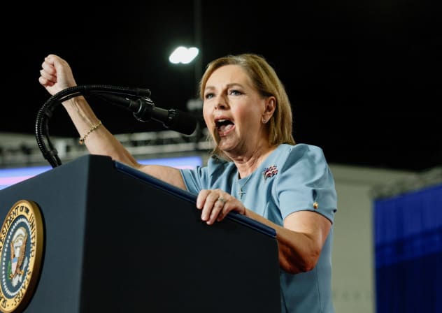 US Senator Darline Graham (R-SC) raises a fist as she speaks during a campaign rally for her at the Myrtle Beach Convention Center in Myrtle Beach, South Carolina, US, August 21, 2026.