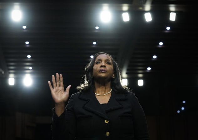 Lisa DeNell Cook, a member of the Board of Governors of the Federal Reserve System, is sworn in during a Senate Banking nominations hearing on June 21, 2023 in Washington, DC.
