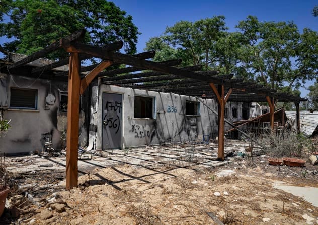 A view of homes destroyed and burned in the Hamas October 7, 2023 massacre at Kibbutz Nir Oz, near the Israel-Gaza border, August 5, 2026.