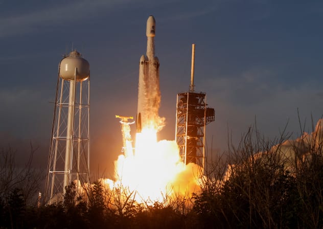 A SpaceX Falcon Heavy rocket lifts off carrying NASA's Nancy Grace Roman Space Telescope at the Kennedy Space Center in Cape Canaveral, Florida, U.S., August 30, 2026.