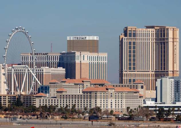 The High Roller Ferris wheel, left, Venetian Hotel and Casino, Trump International Hotel Las Vegas and The Palazzo at The Venetian Resort. 