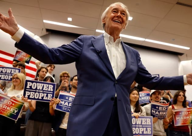 Senator Ed Markey addresses his supporters during a ‘Power to the People’ rally at the IBEW Local 103 facility on August 29, 2026. 