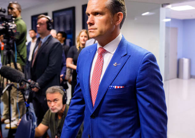 Secretary of War Pete Hegseth arrives for an event to honor Marines who were serving during the 2021 Abbey Gate bombing at the Pentagon on August 26, 2026 in Arlington, Virginia; illustrative
