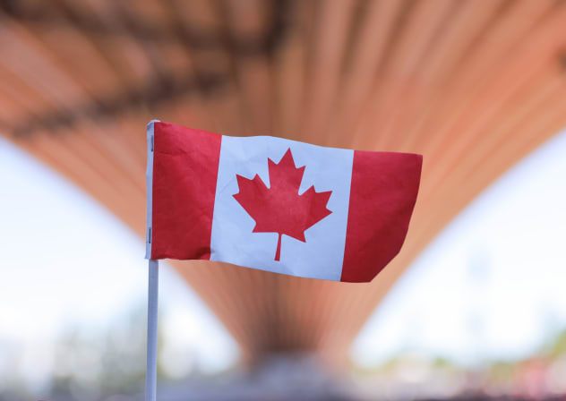 A Canadian flag is displayed on June 12, 2026 in Vancouver, British Columbia.