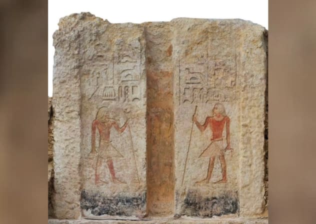 Photo of false door found at the Bubasteum necroplis in Saqqara, Egypt, September 4, 2026.
