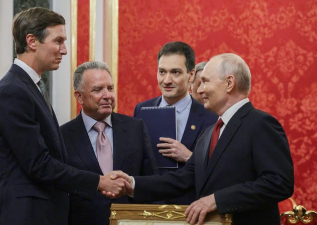In this pool photograph distributed by the Russian state agency Sputnik, Russia's President Vladimir Putin (R) welcomes US special envoy Steve Witkoff (2nd L) and US President Donald Trump's son-in-law Jared Kushner (L) prior to their talks in Moscow on September 5, 2026.