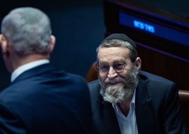 Prime Minister Benjamin Netanyahu seen with United Torah Judaism (UTJ) MK Moshe Gafni during a 40-signatures debate, at the plenum hall of the Knesset, in Jerusalem, November 10, 2025
