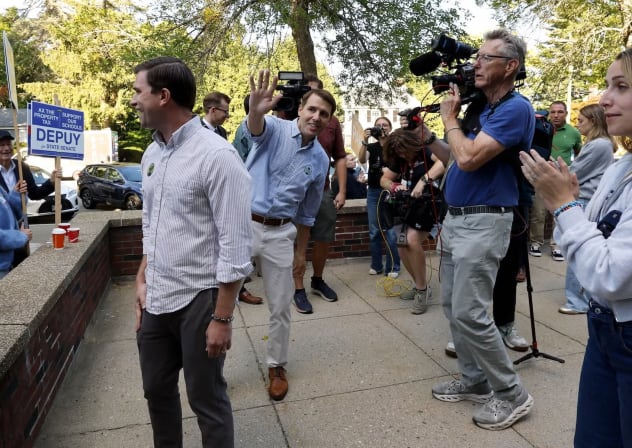 New Hampshire Democratic Senate Candidate Chris Pappas waves to supporters after he cast his ballot at a polling location on September 8, 2026 in Manchester, New Hampshire. 