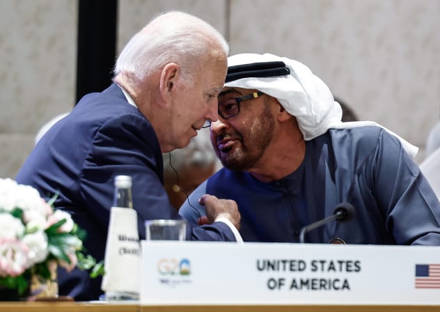 Then-US president Joe Biden speaks with UAE President Mohamed bin Zayed Al Nahyan at the G20 summit in New Delhi, India, September 9, 2023; illustrative.