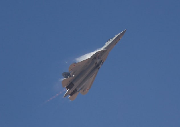 A Russian Sukhoi Su-57 stealth fighter jet on display during the second International Air Show and Aerospace Expo at El Alamein International Airport in El Alamein, Egypt, September 9, 2026. Egypt is hosting the event from September 8 to 10, 2026, with more than 100 aircraft expected to participate 