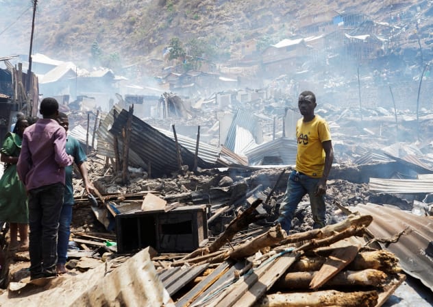 The ruins of a fire at a school and neighboring settlement in the area controlled by Rwanda-backed AFC/M23 rebels in Bukavu, Democratic Republic of Congo, September 10, 2026.