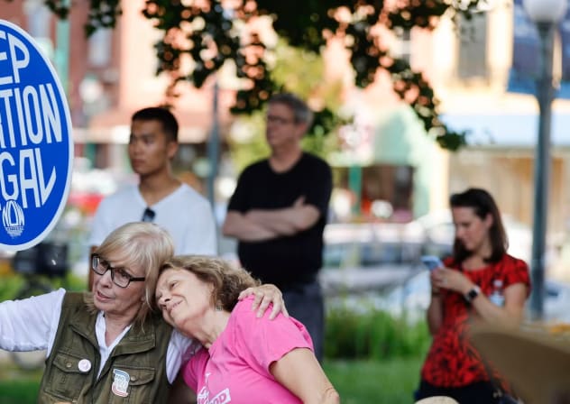 Demonstrators associated with Hoosier Jews for Choice gather outside the Monroe County Courthouse on July 31, 2023, before Indiana’s near total abortion ban began. 